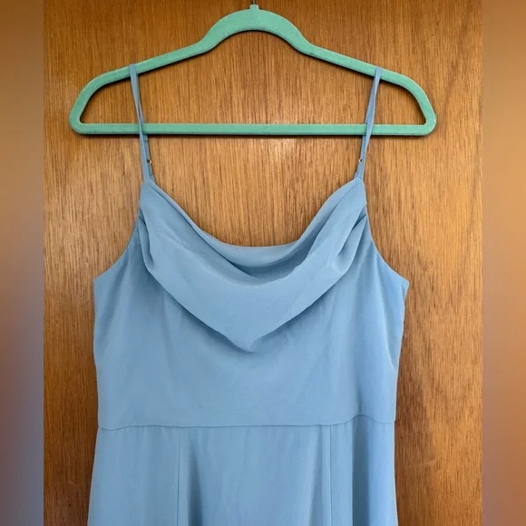 David’s Bridal Dusty Blue Chiffon Cowl Neck Bridesmaids Dress Gown with Slit - Picture 3 of 5